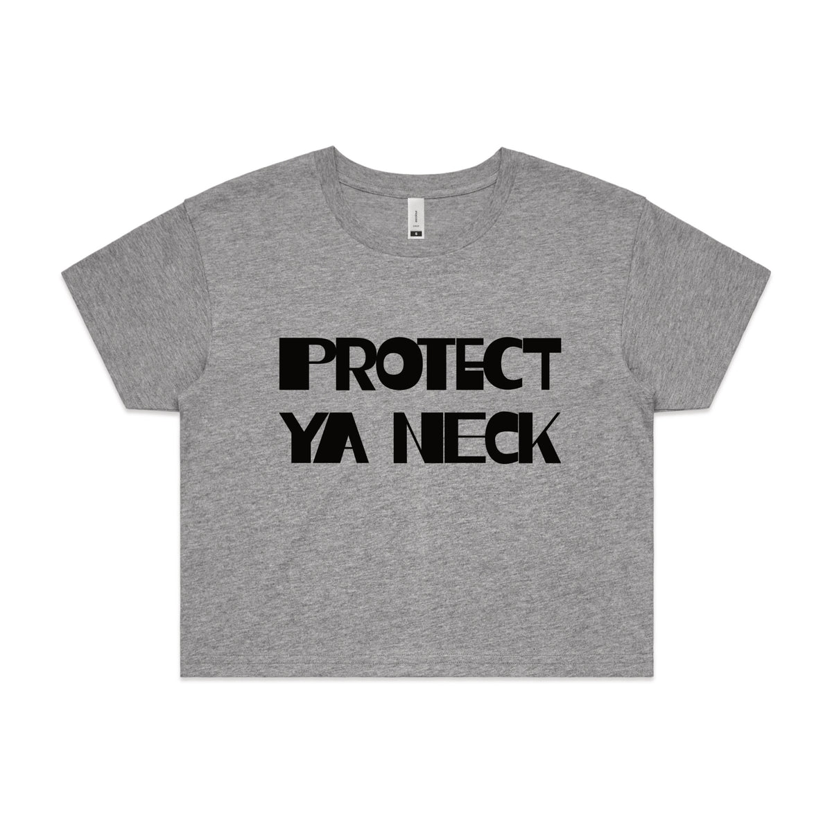 Grey Marle crop top with Protect Ya Neck graphic by Lonely Kids Club