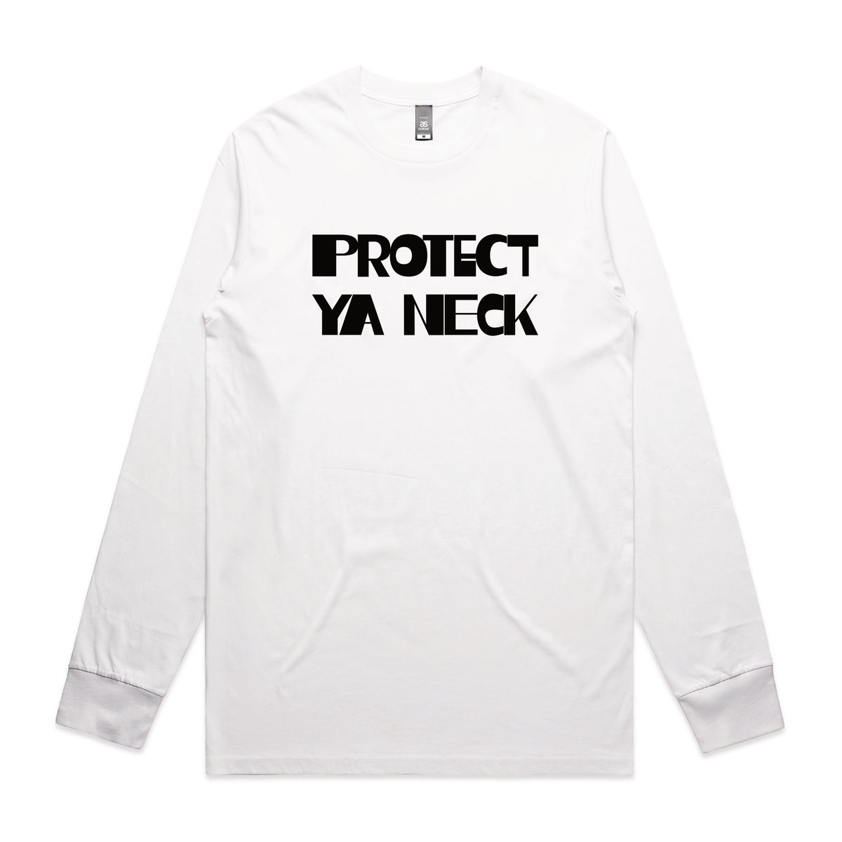 White long sleeve t-shirt with Protect Ya Neck graphic by Lonely Kids Club