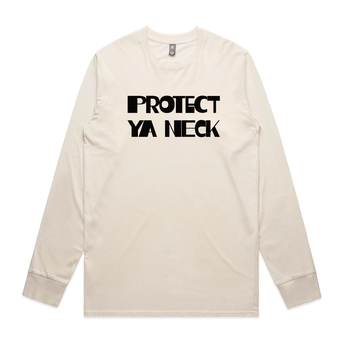 Ecru long sleeve t-shirt with Protect Ya Neck graphic by Lonely Kids Club