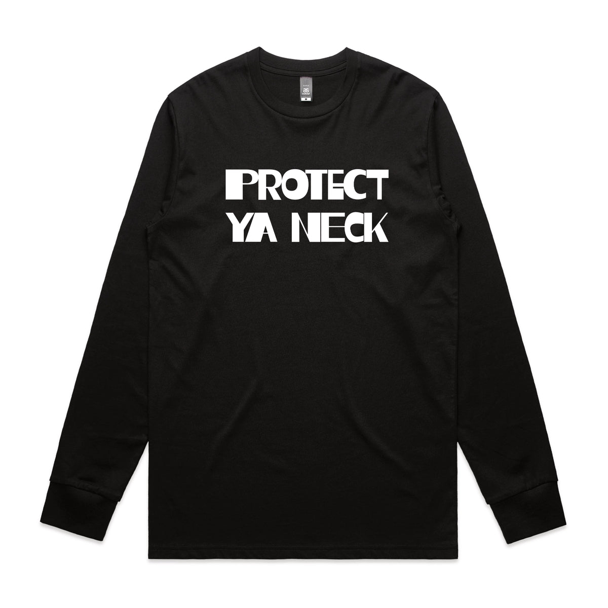 Black long sleeve t-shirt with Protect Ya Neck graphic by Lonely Kids Club
