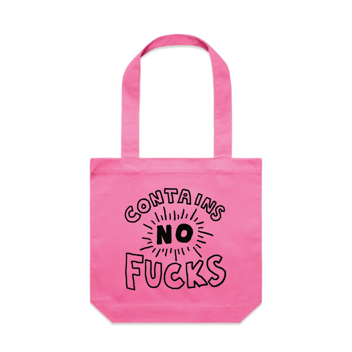 Bubblegum carrie tote with Contains No Fucks design, artwork by Claire Harrison for Lonely Kids Club