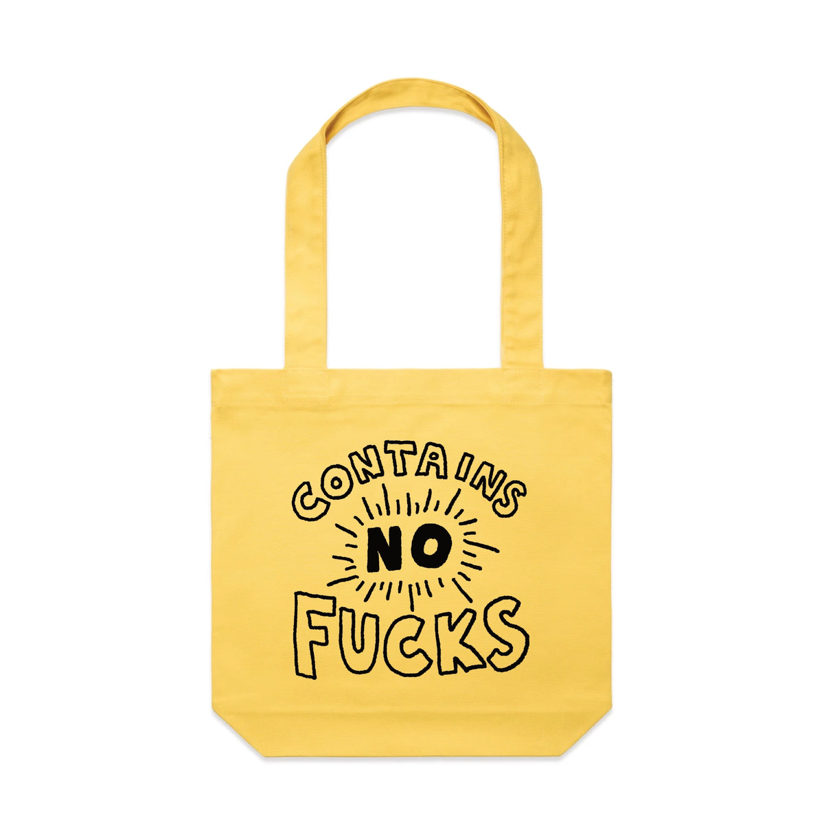 Yellow carrie tote with Contains No Fucks design, artwork by Claire Harrison for Lonely Kids Club