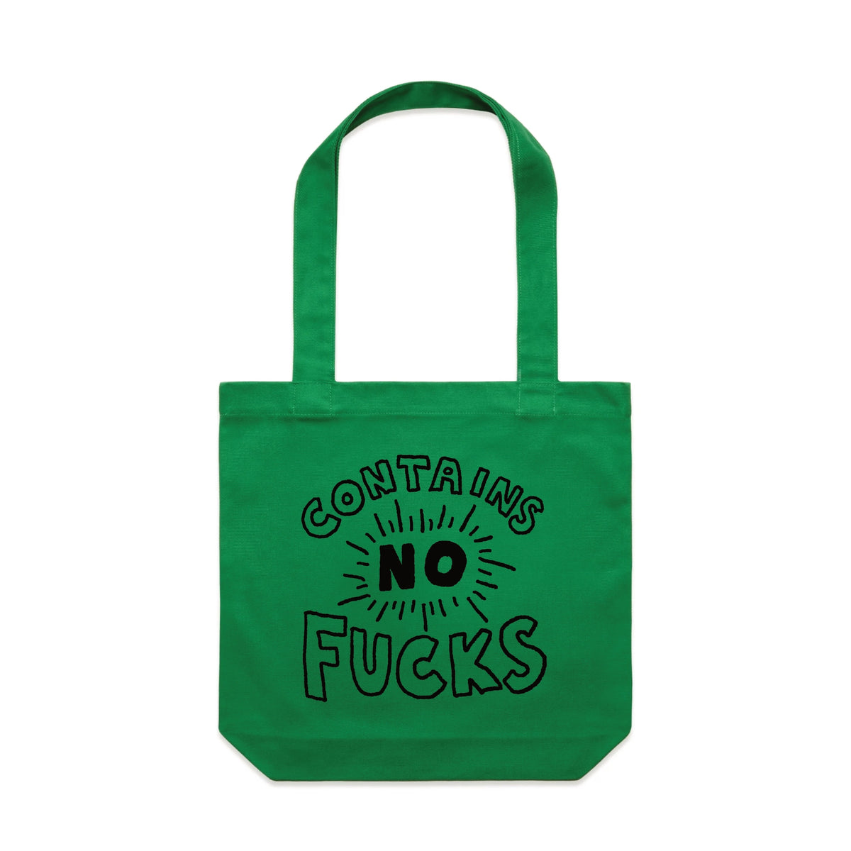 Green carrie tote with Contains No Fucks design, artwork by Claire Harrison for Lonely Kids Club