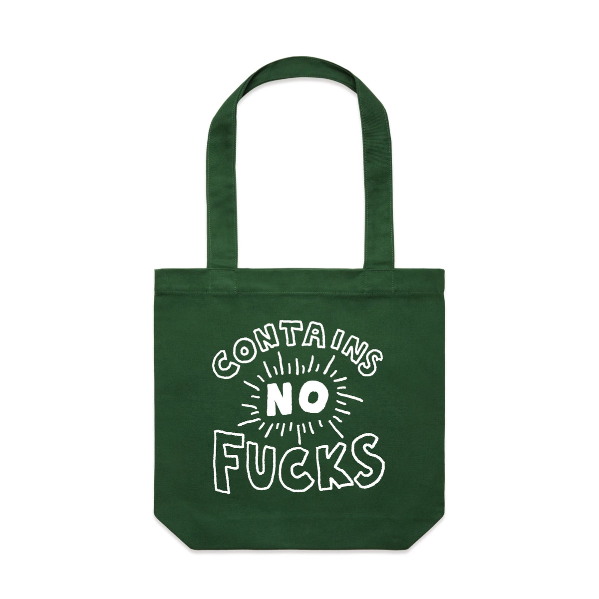Forest Green carrie tote with Contains No Fucks design, artwork by Claire Harrison for Lonely Kids Club