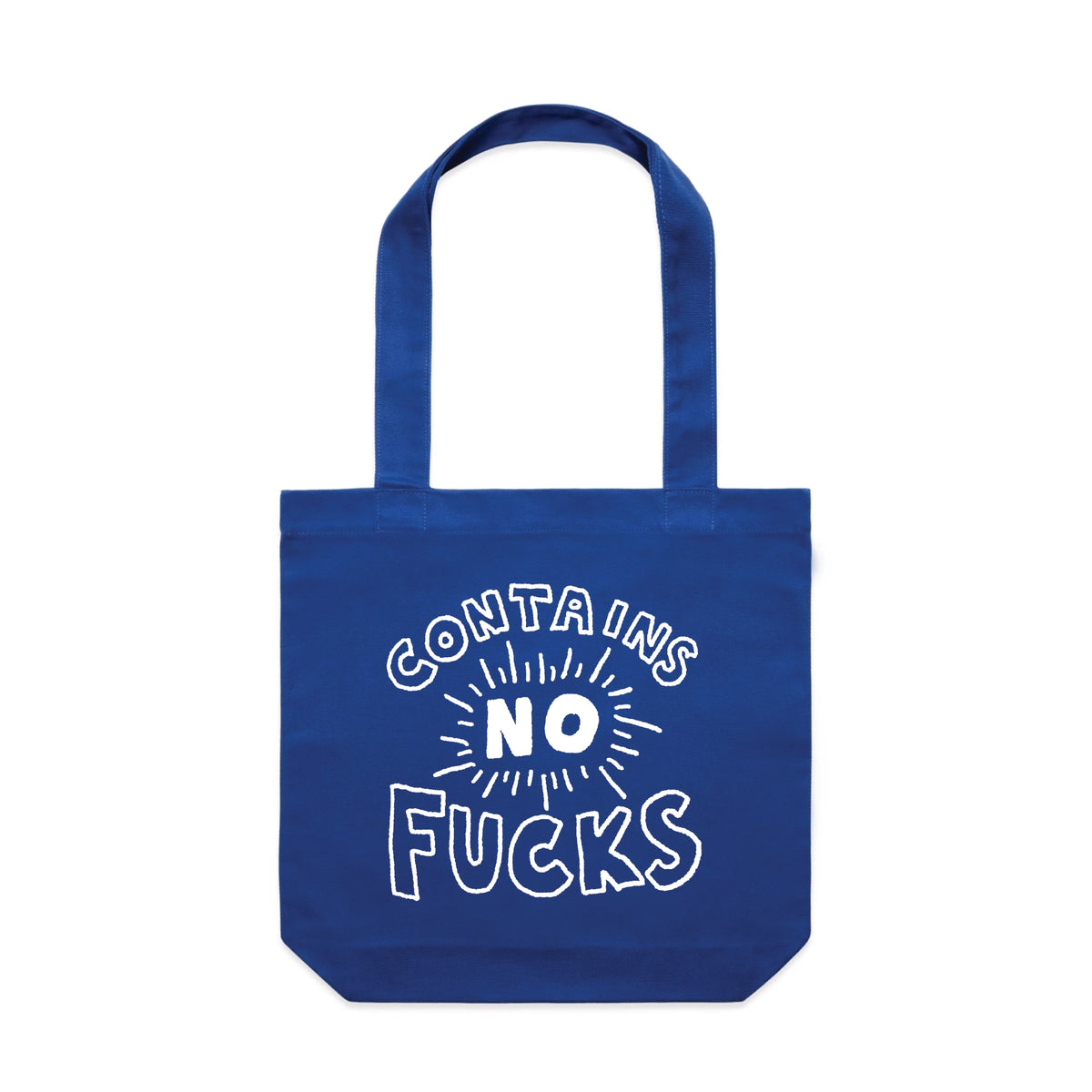 Royal Blue carrie tote with Contains No Fucks design, artwork by Claire Harrison for Lonely Kids Club