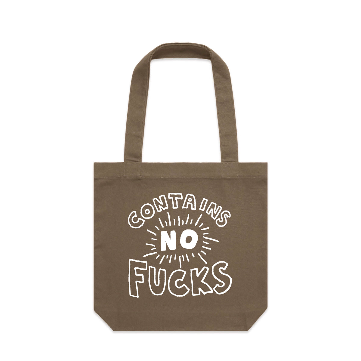 Walnut carrie tote with Contains No Fucks design, artwork by Claire Harrison for Lonely Kids Club