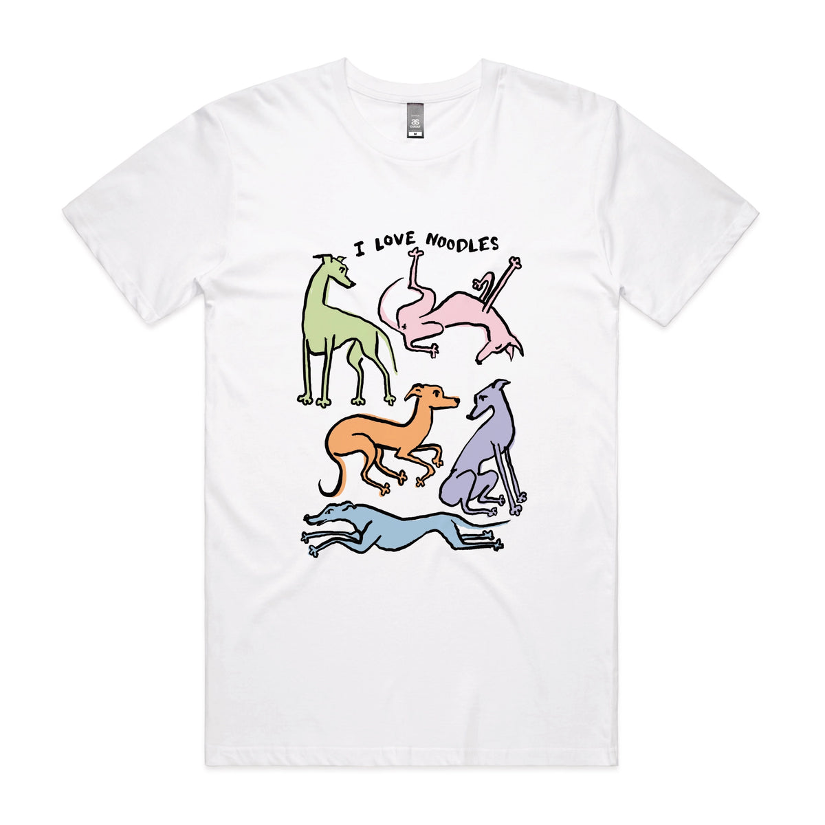 White unisex t-shirt with I Love Noodles graphic by Lonely Kids Club