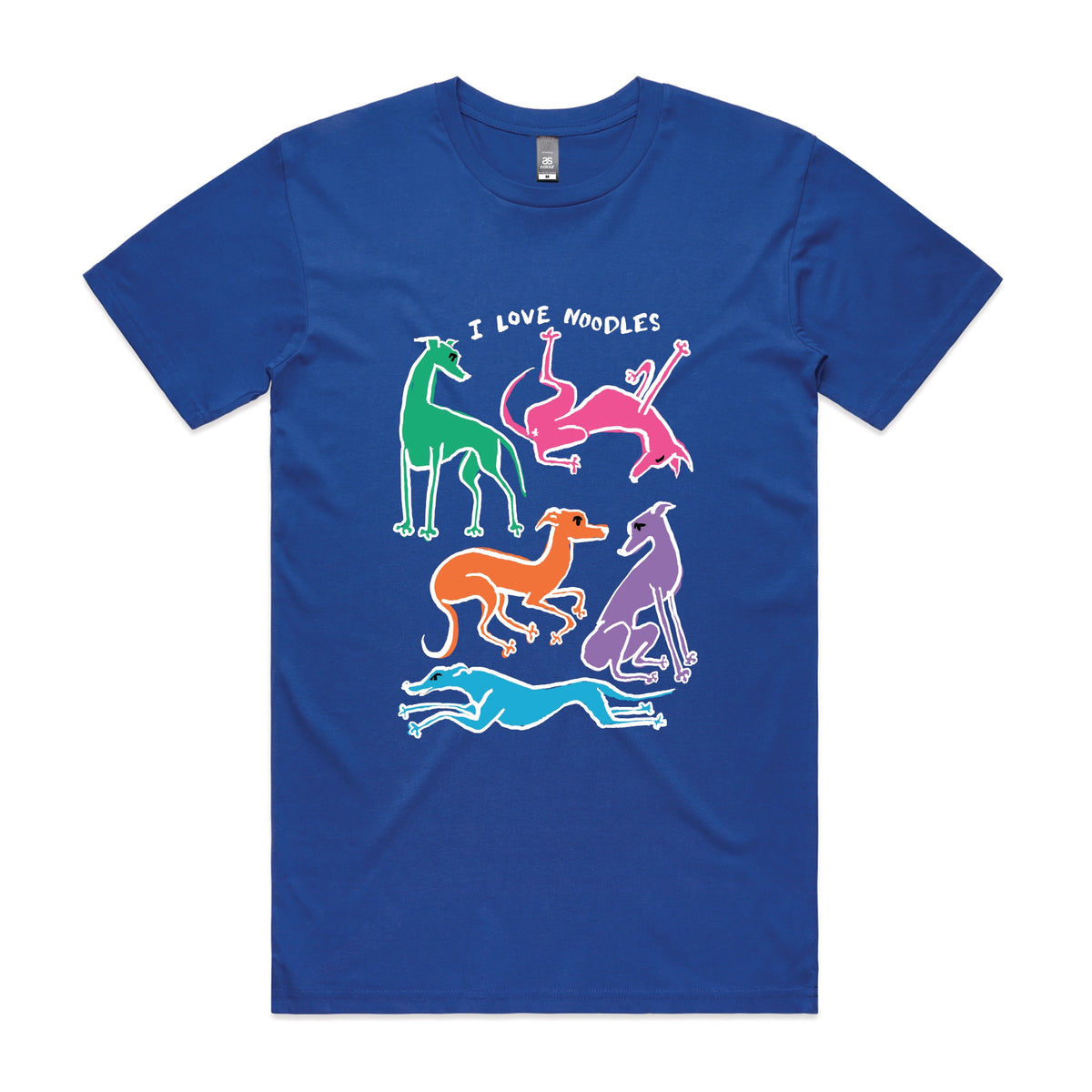 Royal Blue unisex t-shirt with I Love Noodles graphic by Lonely Kids Club