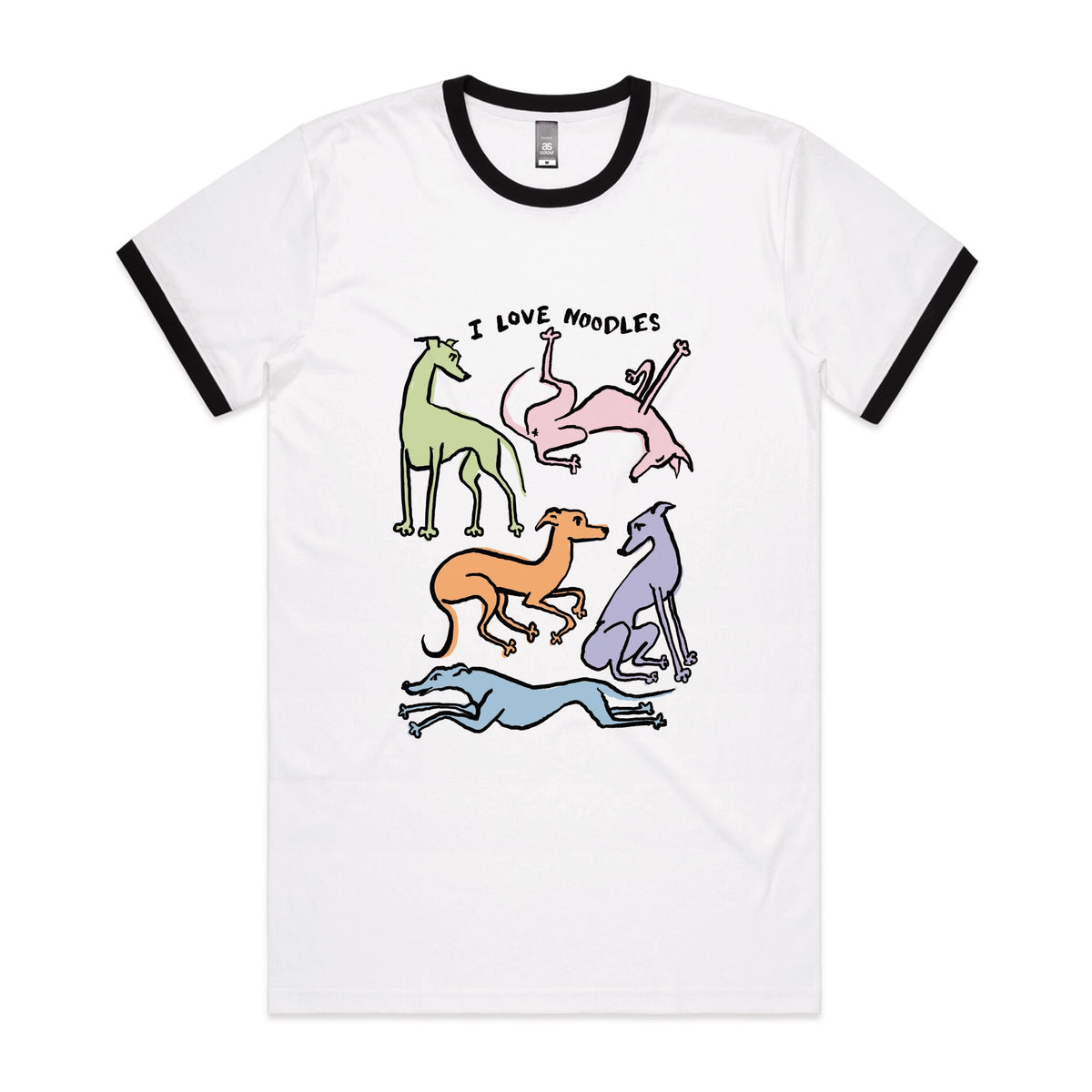 Black/White Ringer unisex t-shirt with I Love Noodles graphic by Lonely Kids Club
