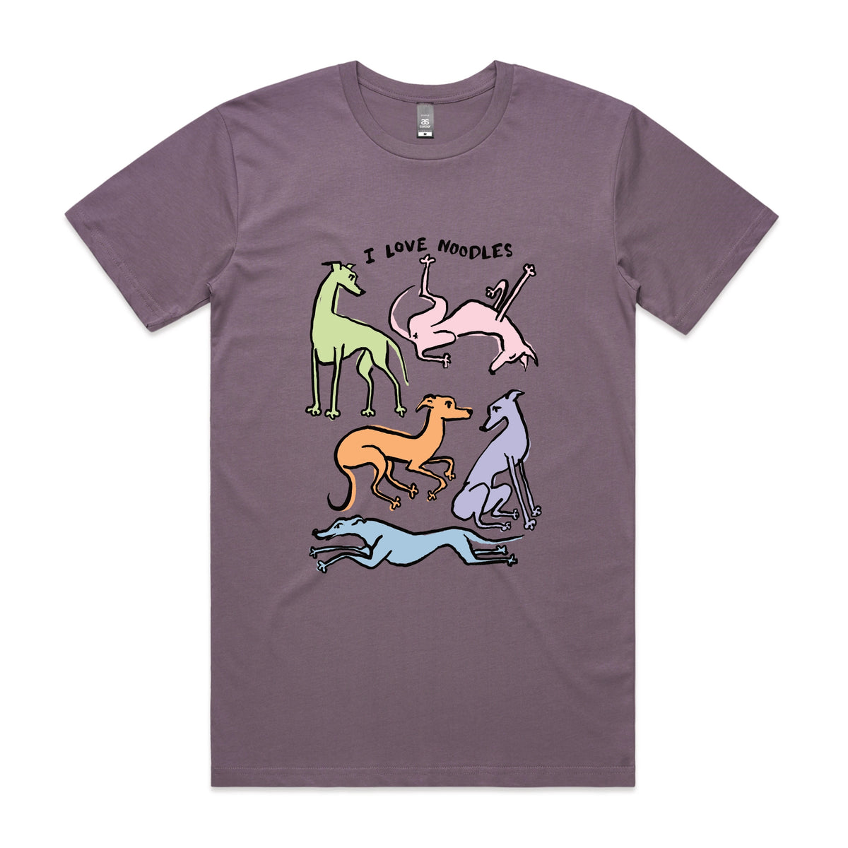 Mauve unisex t-shirt with I Love Noodles graphic by Lonely Kids Club