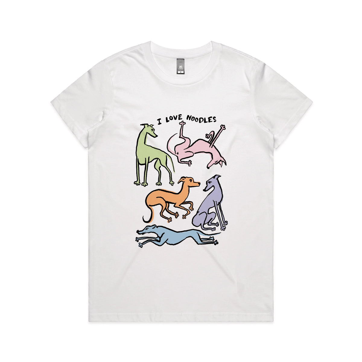 White fitted womens t-shirt with I Love Noodles graphic by Lonely Kids Club