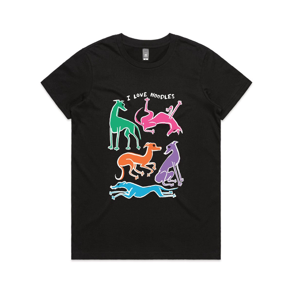 Black fitted womens t-shirt with I Love Noodles graphic by Lonely Kids Club