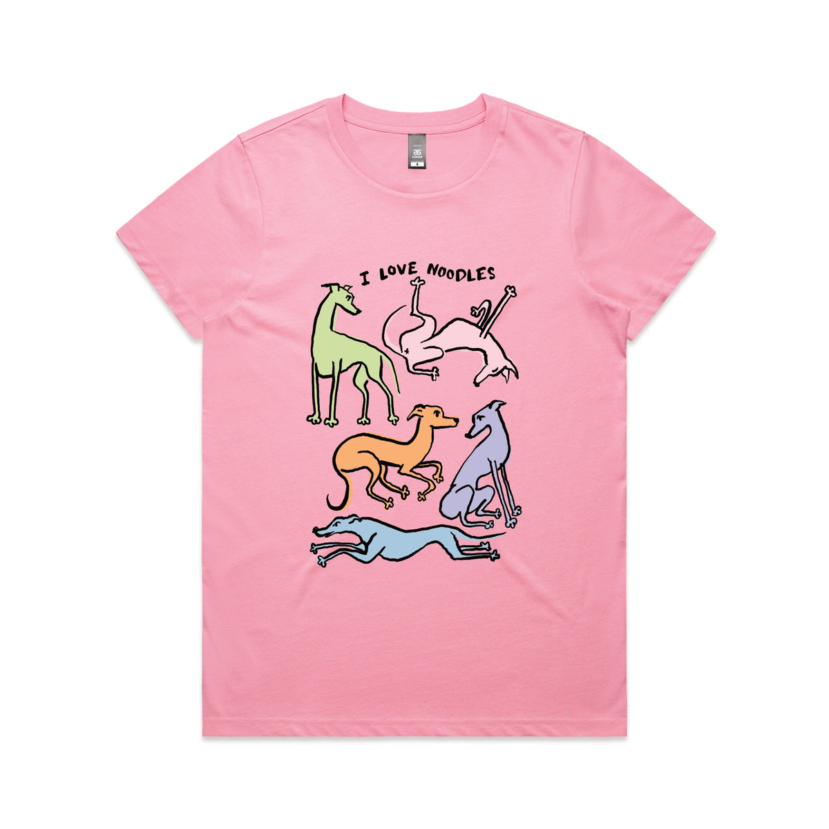 Bubblegum fitted womens t-shirt with I Love Noodles graphic by Lonely Kids Club