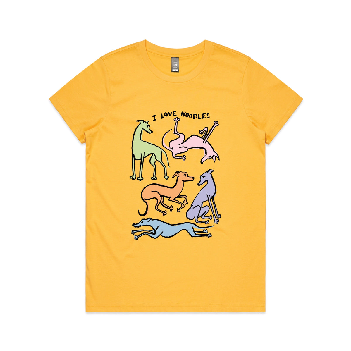 Yellow fitted womens t-shirt with I Love Noodles graphic by Lonely Kids Club