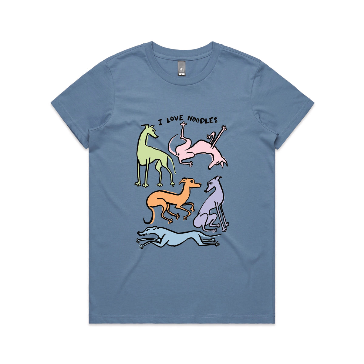 Carolina Blue fitted womens t-shirt with I Love Noodles graphic by Lonely Kids Club