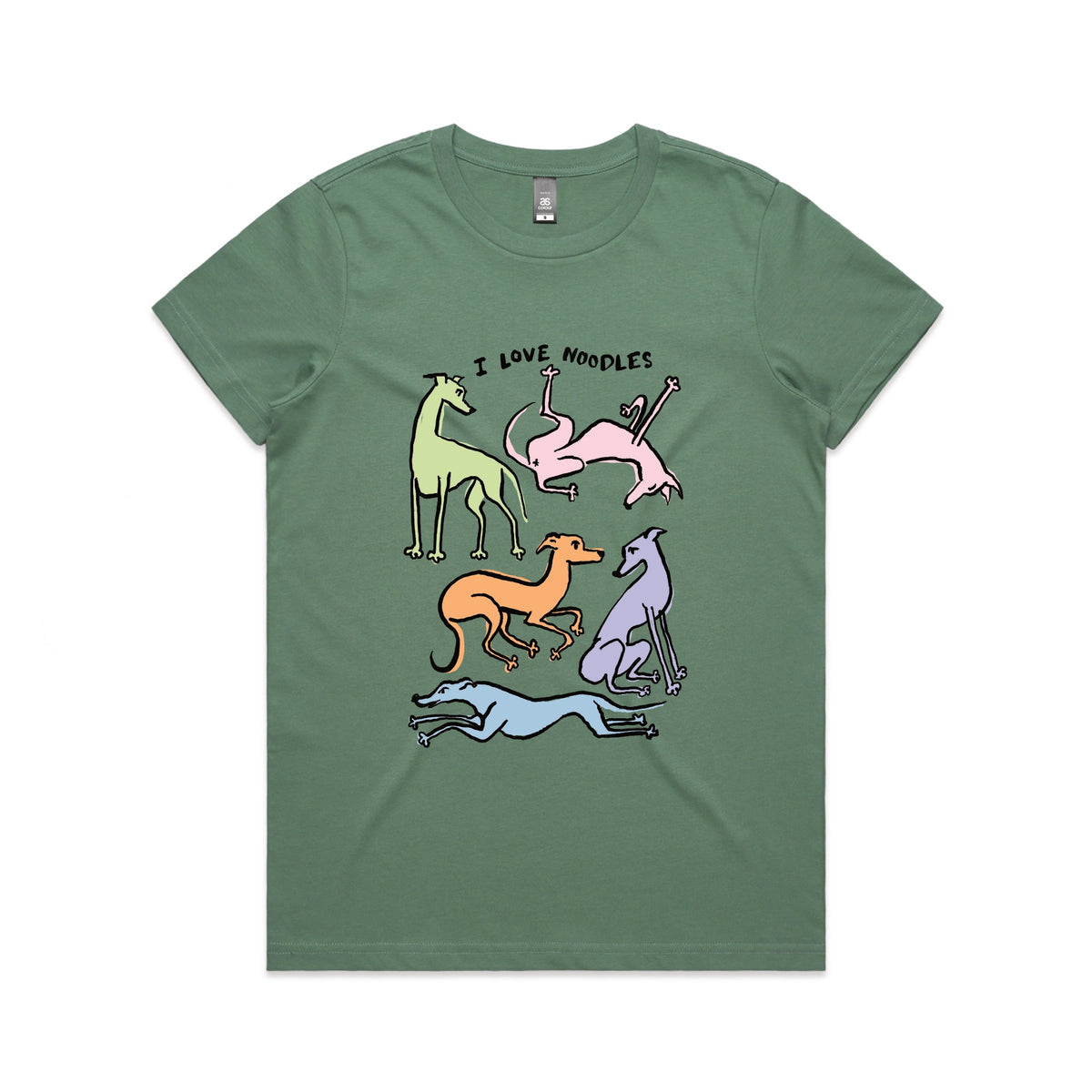 Sage fitted womens t-shirt with I Love Noodles graphic by Lonely Kids Club