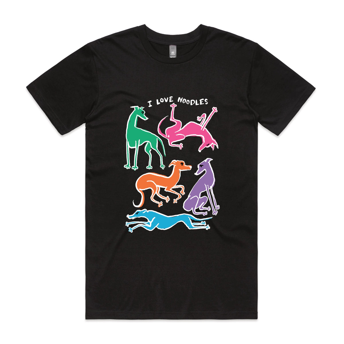Black unisex t-shirt with I Love Noodles graphic by Lonely Kids Club