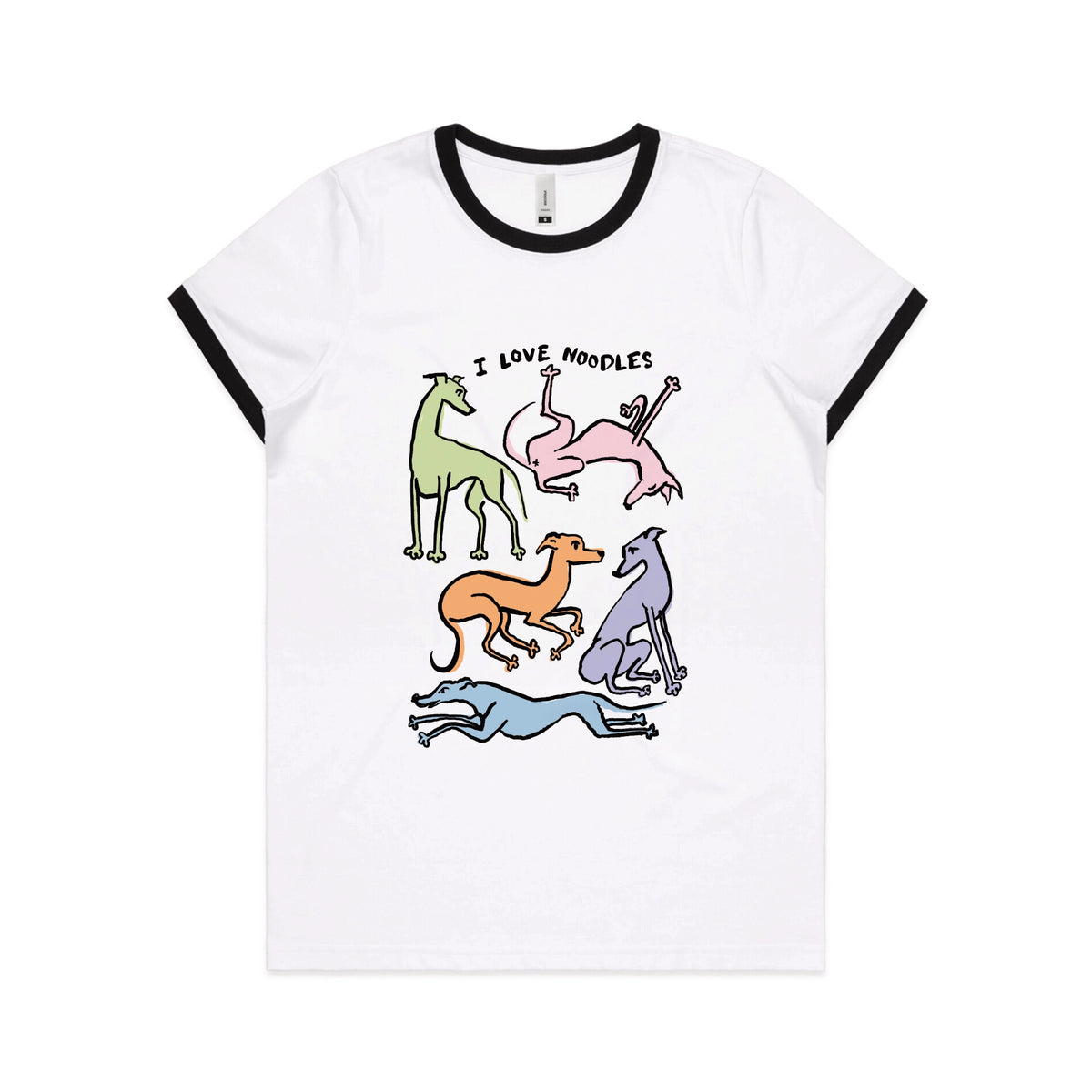 Black/White Ringer fitted womens t-shirt with I Love Noodles graphic by Lonely Kids Club