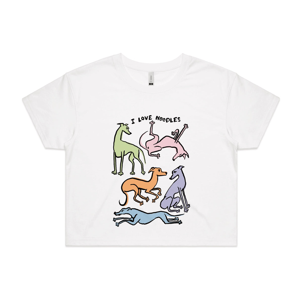 White crop top with I Love Noodles graphic by Lonely Kids Club