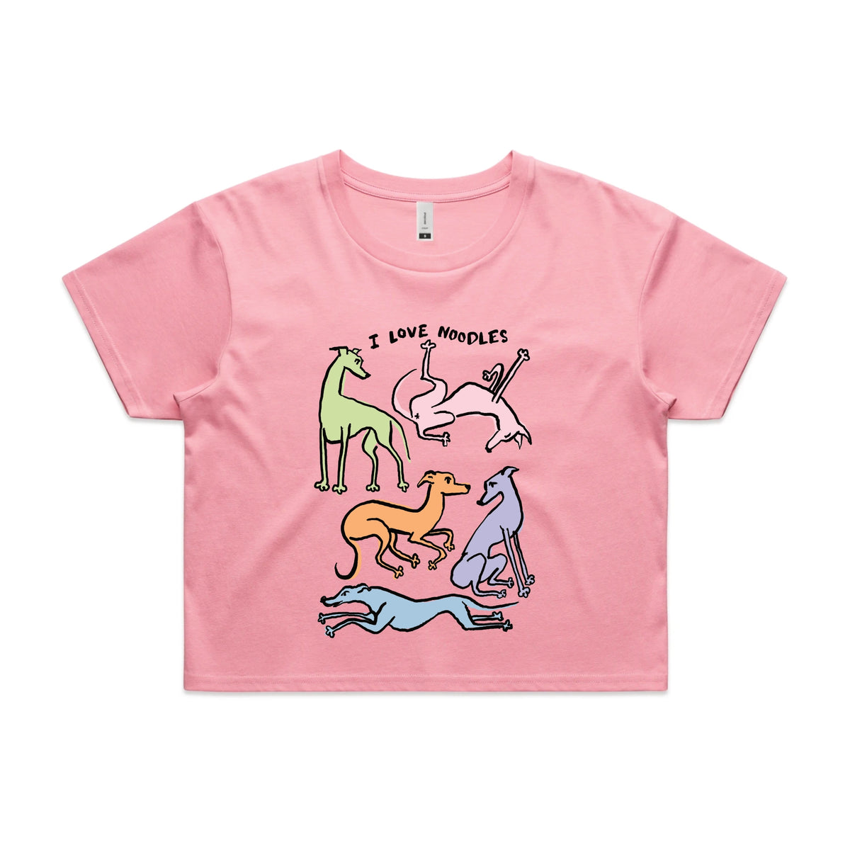 Bubblegum crop top with I Love Noodles graphic by Lonely Kids Club
