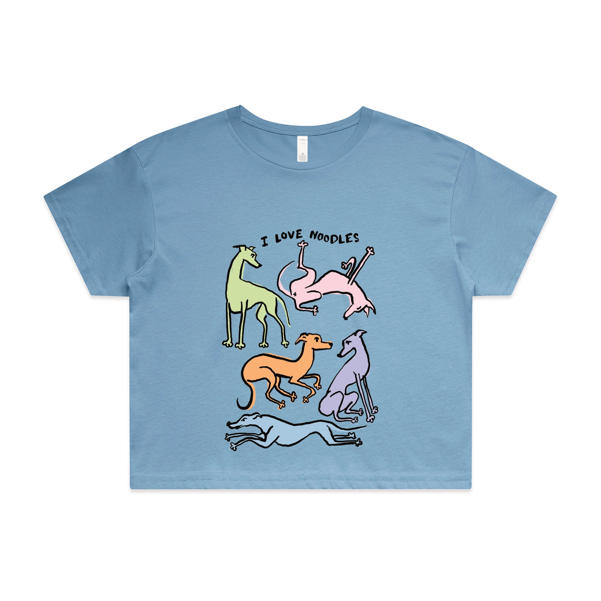 Carolina Blue crop top with I Love Noodles graphic by Lonely Kids Club