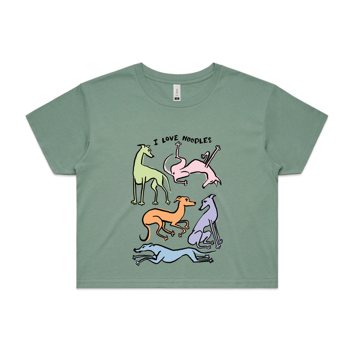 Sage crop top with I Love Noodles graphic by Lonely Kids Club