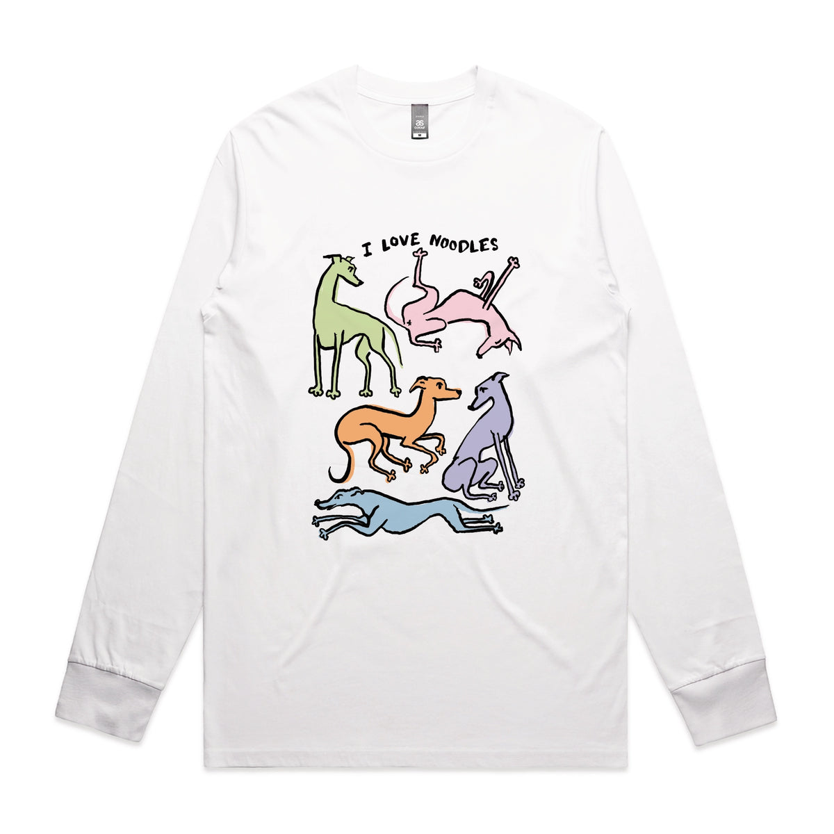White long sleeve t-shirt with I Love Noodles graphic by Lonely Kids Club