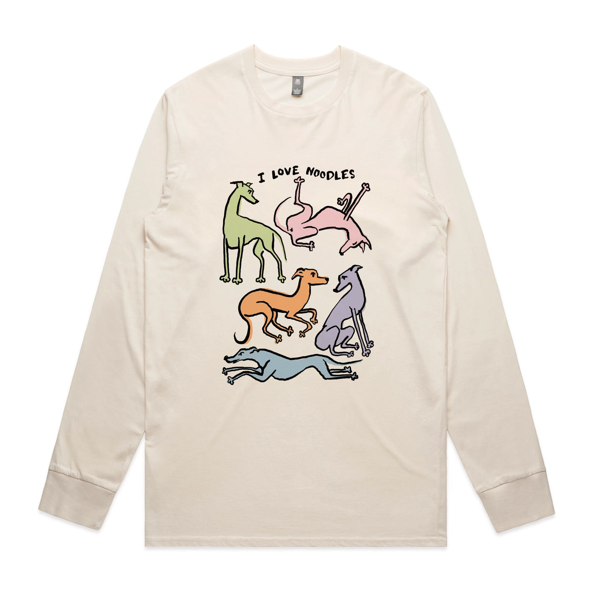 Ecru long sleeve t-shirt with I Love Noodles graphic by Lonely Kids Club