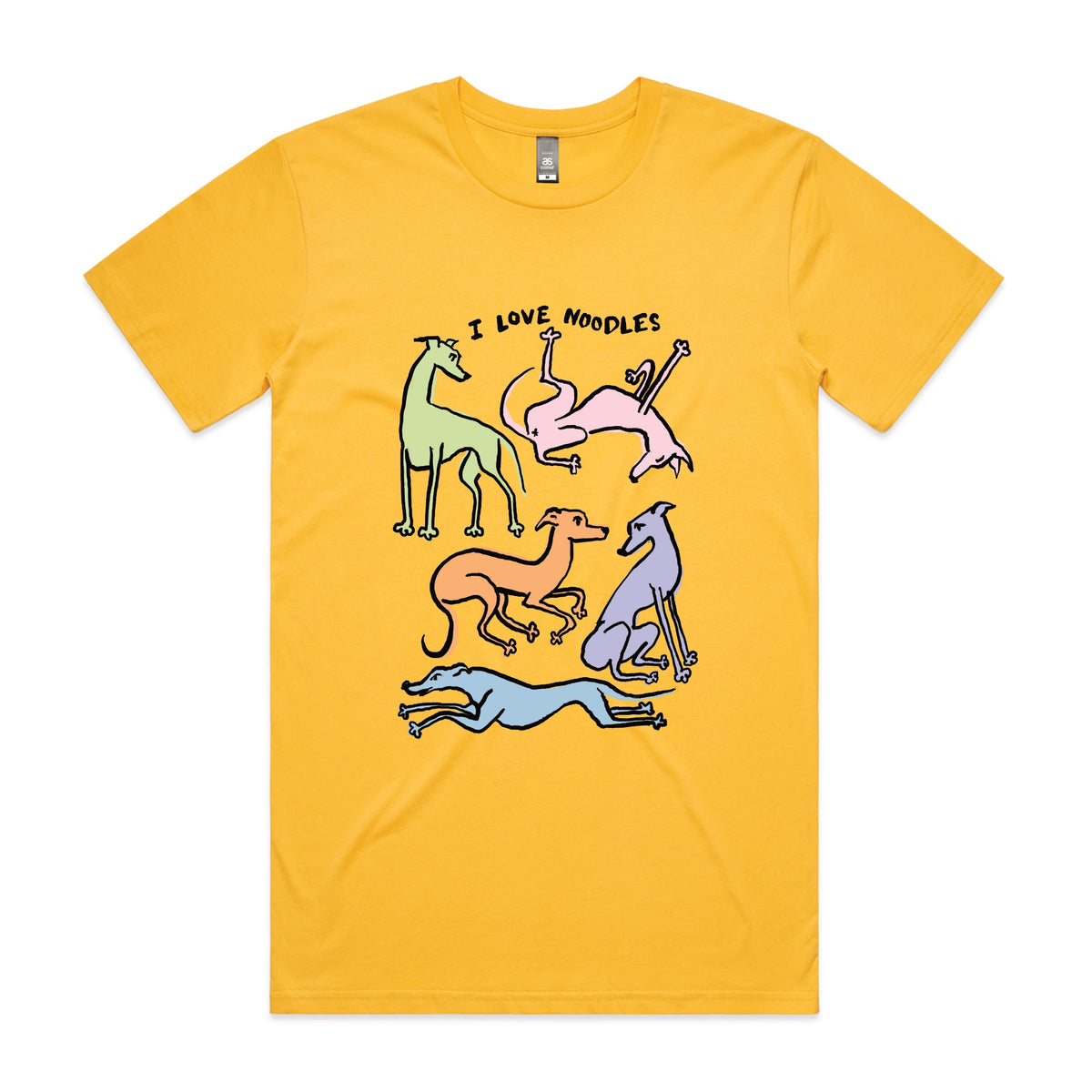 Yellow unisex t-shirt with I Love Noodles graphic by Lonely Kids Club