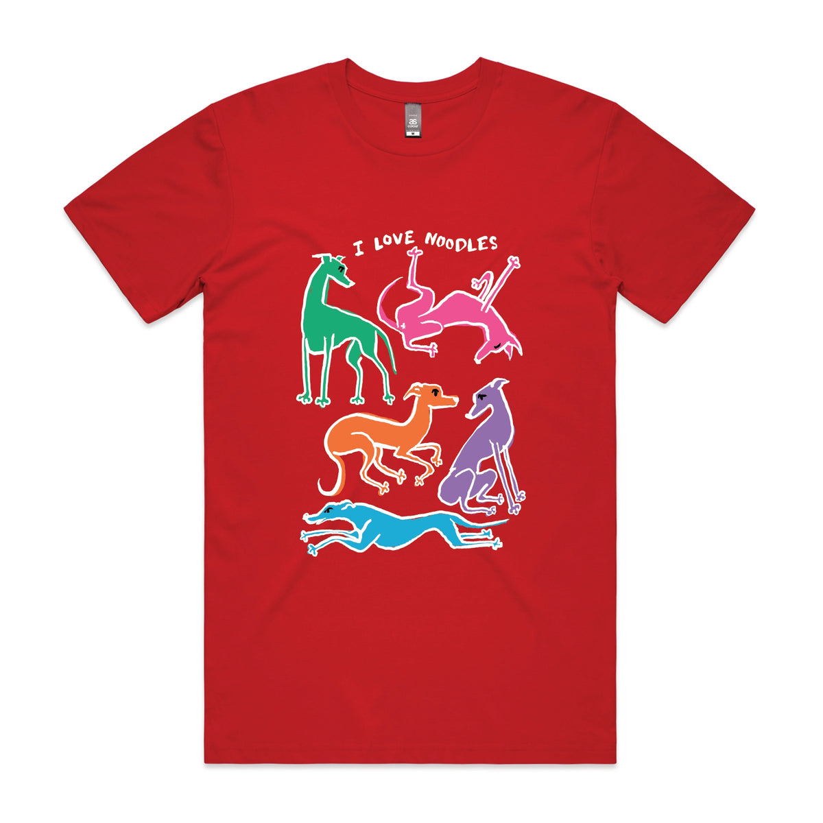Red unisex t-shirt with I Love Noodles graphic by Lonely Kids Club