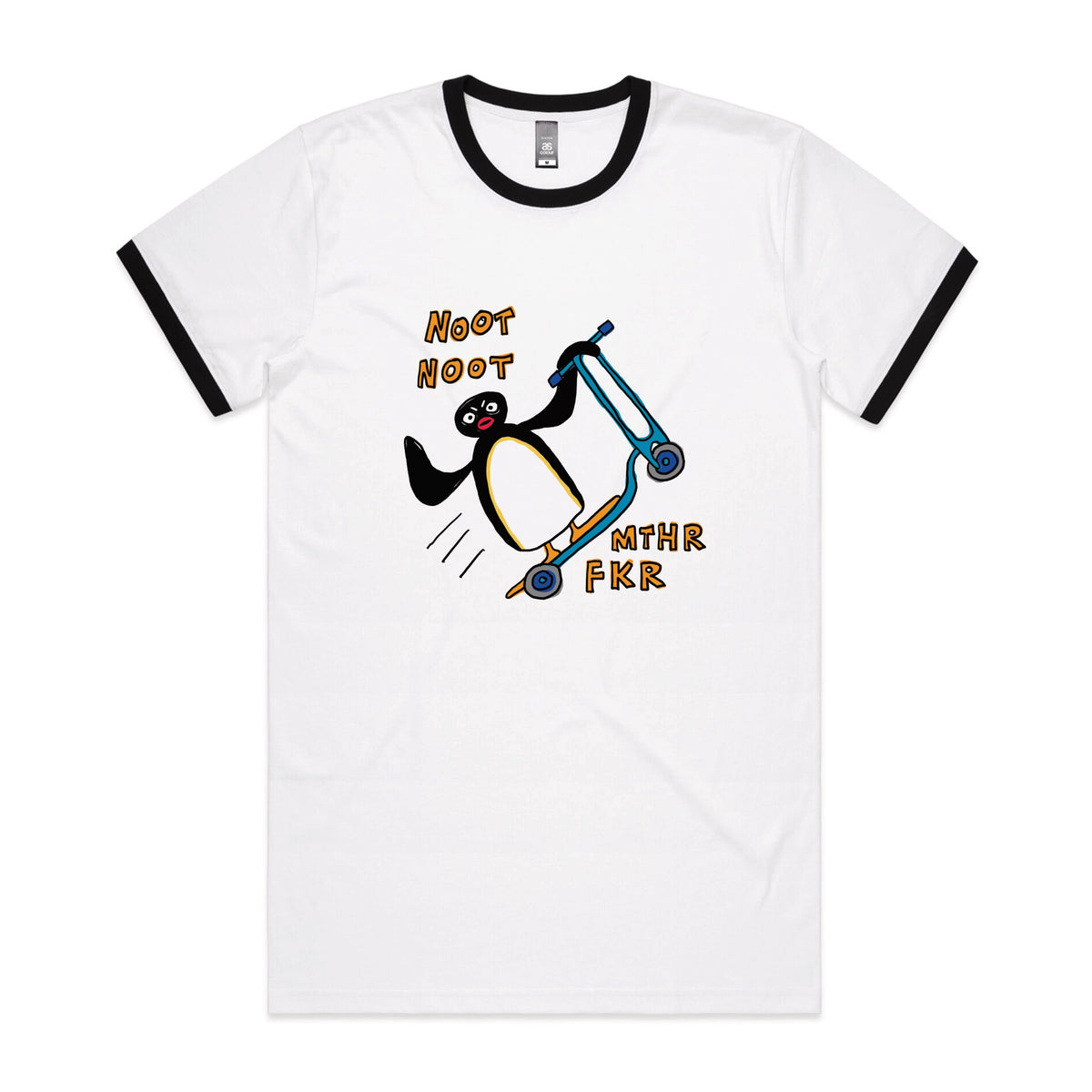 Black/White Ringer unisex t-shirt with Noot Noot graphic by Lonely Kids Club