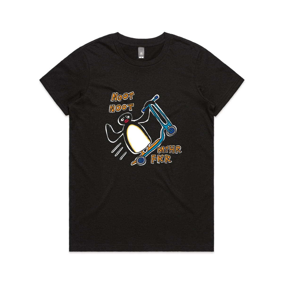Black fitted womens t-shirt with Noot Noot graphic by Lonely Kids Club