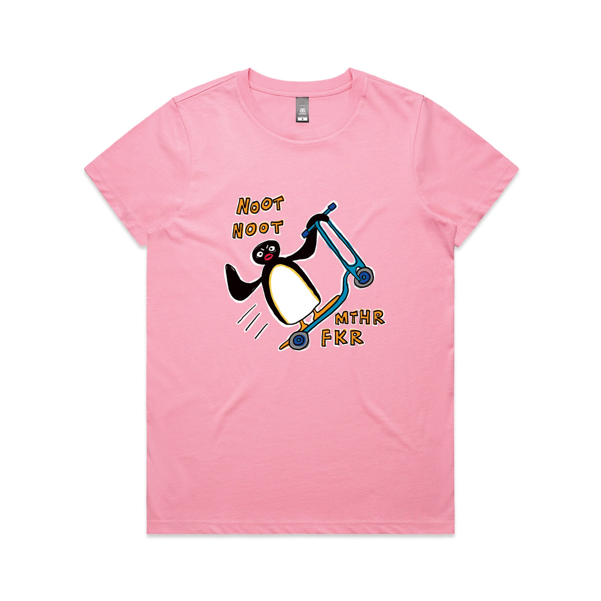 Bubblegum fitted womens t-shirt with Noot Noot graphic by Lonely Kids Club
