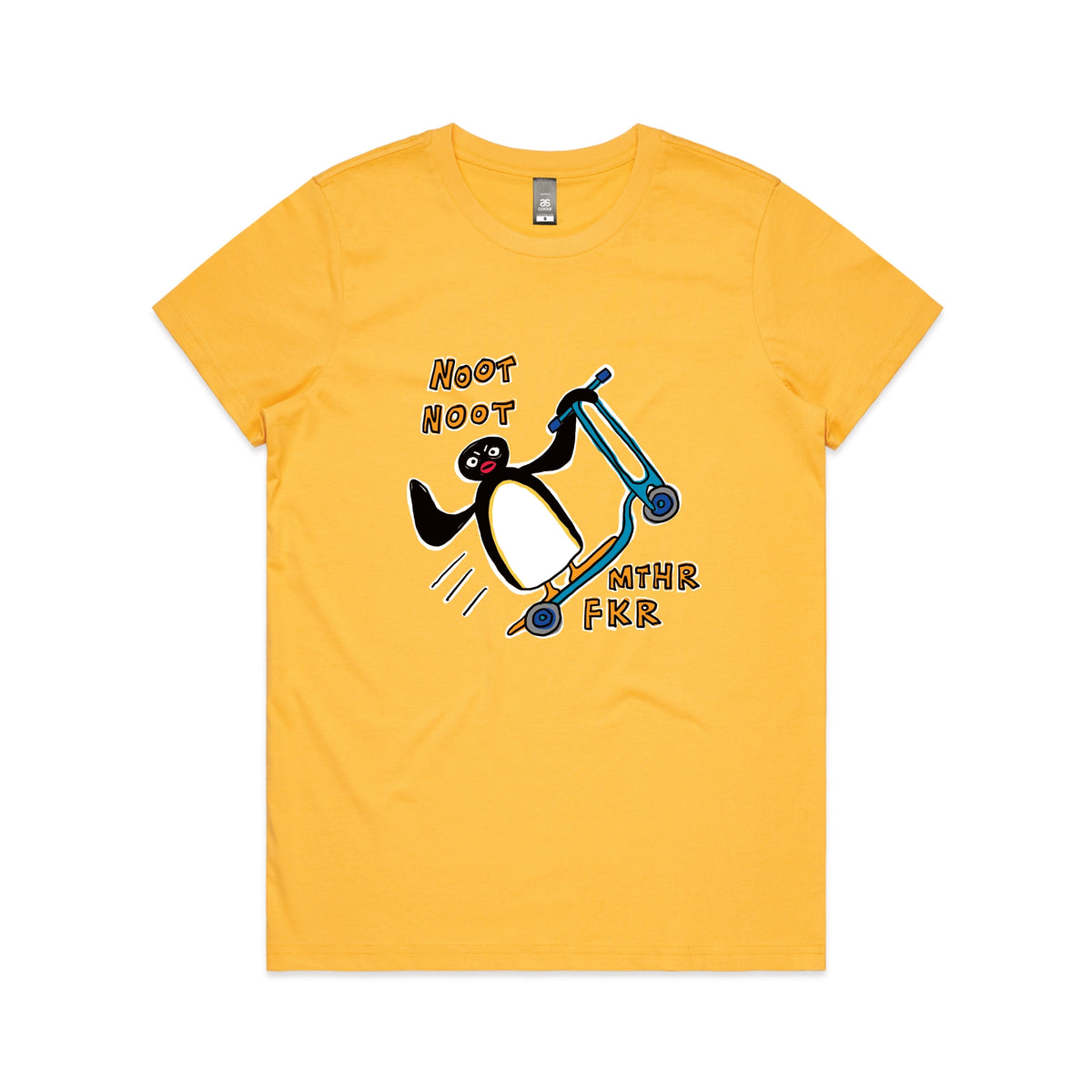 Yellow fitted womens t-shirt with Noot Noot graphic by Lonely Kids Club