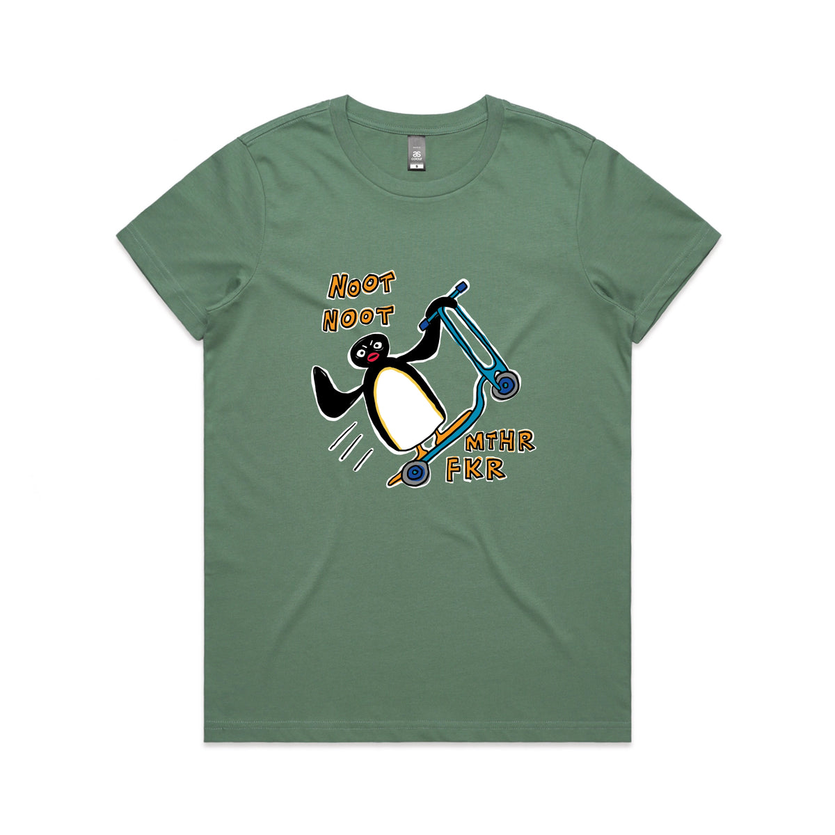 Sage fitted womens t-shirt with Noot Noot graphic by Lonely Kids Club