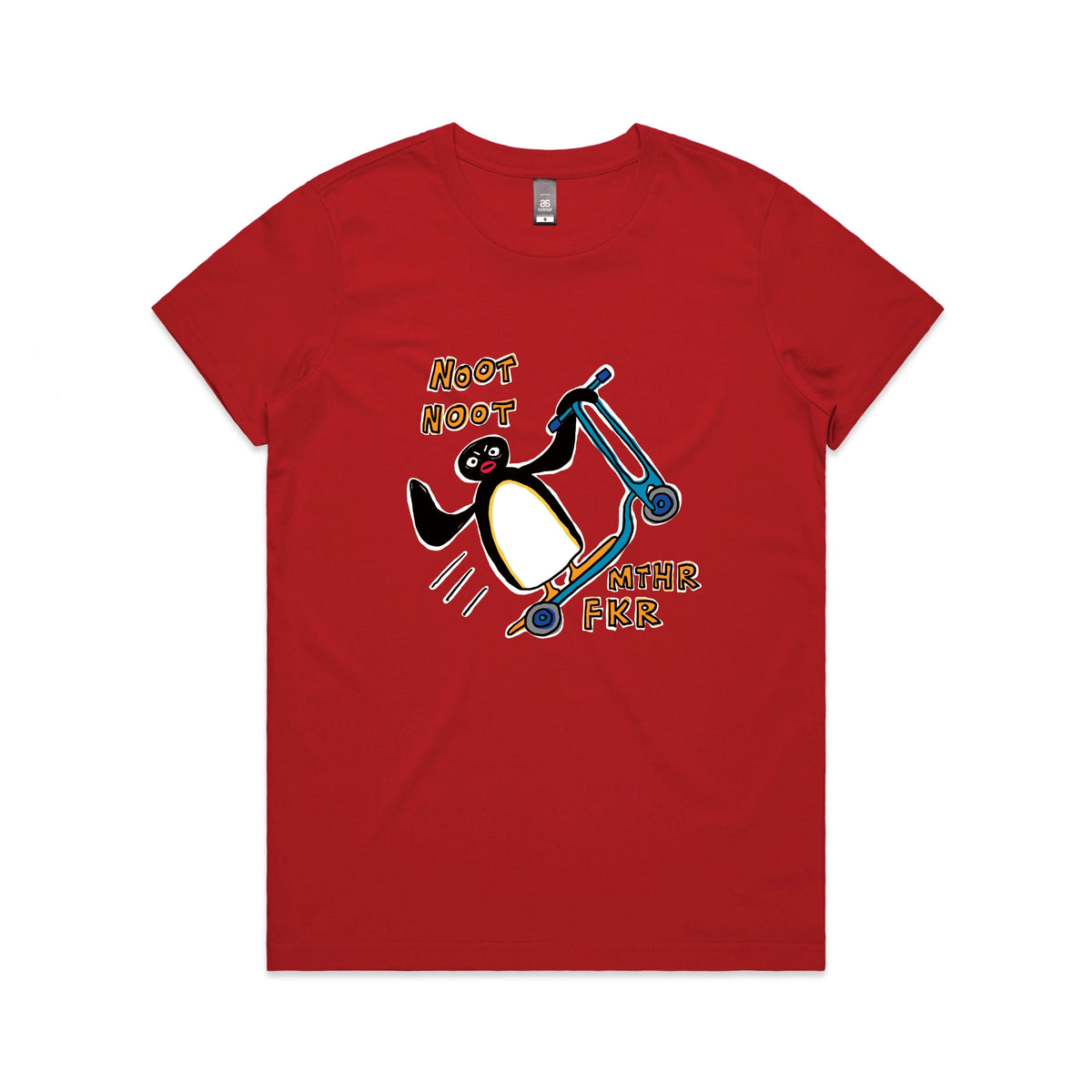 Red fitted womens t-shirt with Noot Noot graphic by Lonely Kids Club