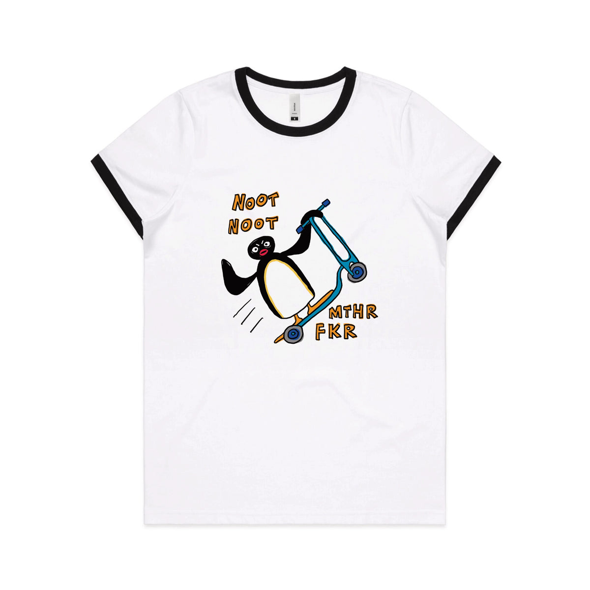 Black/White Ringer fitted womens t-shirt with Noot Noot graphic by Lonely Kids Club