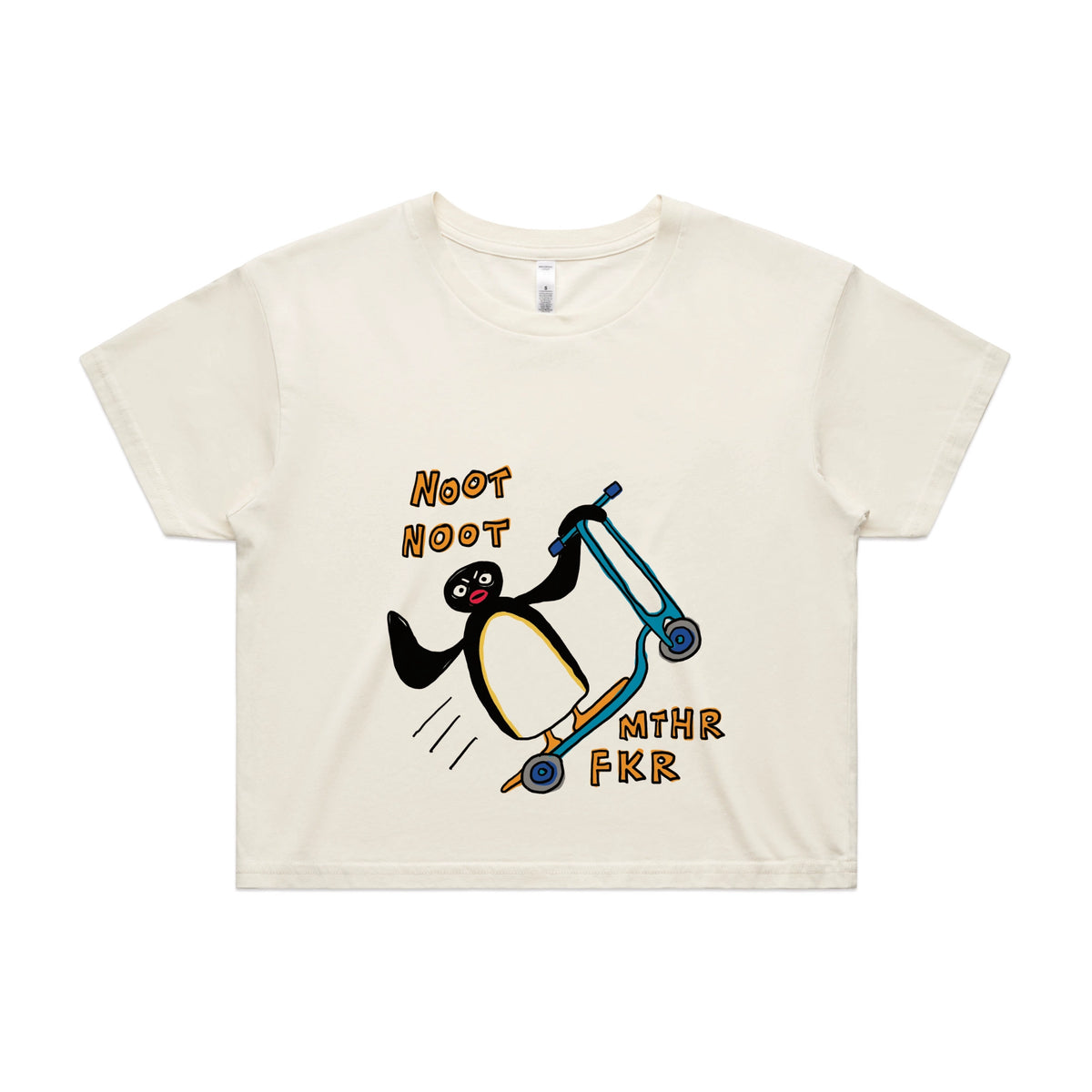 Ecru crop top with Noot Noot graphic by Lonely Kids Club