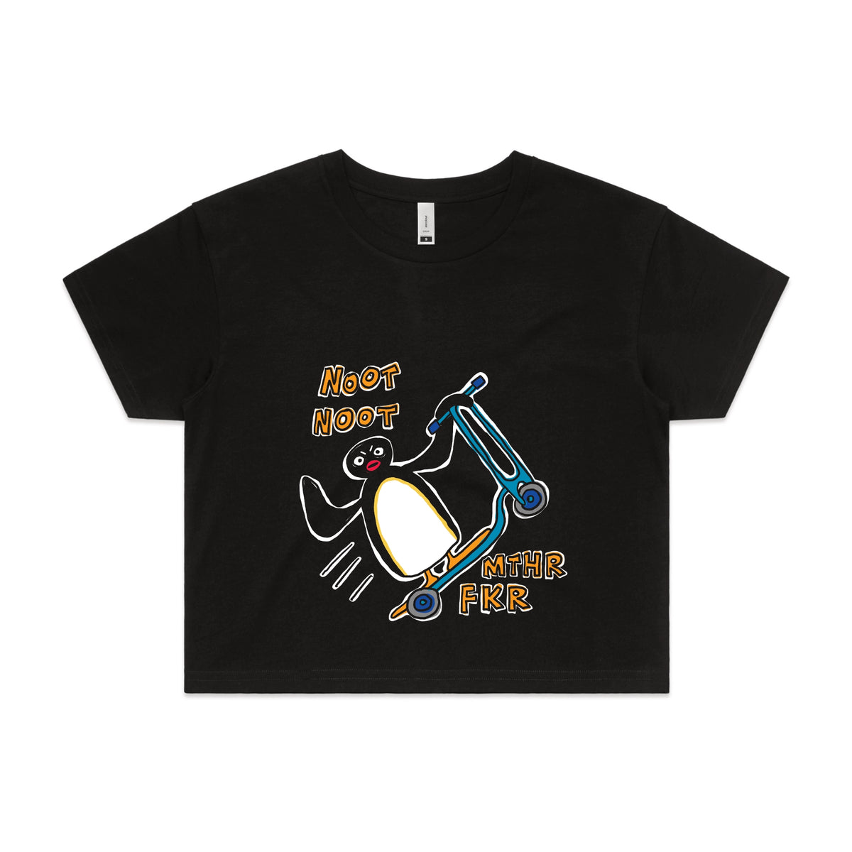Black crop top with Noot Noot graphic by Lonely Kids Club