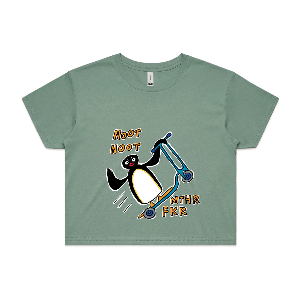 Sage crop top with Noot Noot graphic by Lonely Kids Club