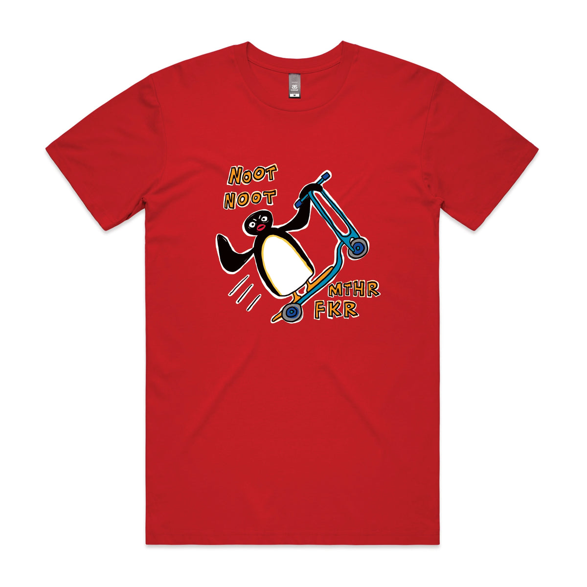 Red unisex t-shirt with Noot Noot graphic by Lonely Kids Club