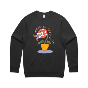 Nourish To Flourish Jumper by Lonely Kids Club. All clothing from our T-shirts to our shorts and hoodies are ethically made, and printed packed and shipped from Sydney.