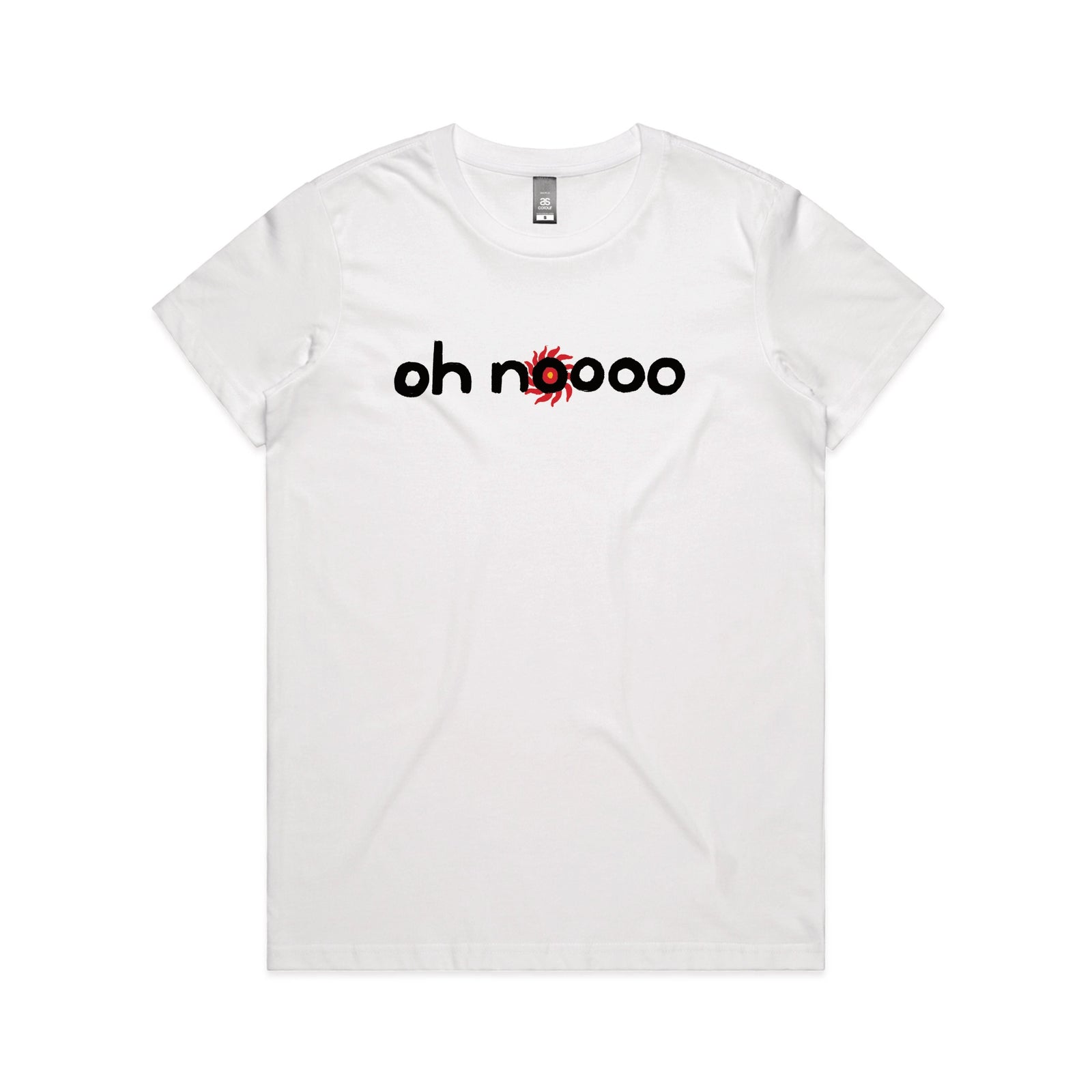 White fitted womens t-shirt with Oh Noooo graphic by Lonely Kids Club