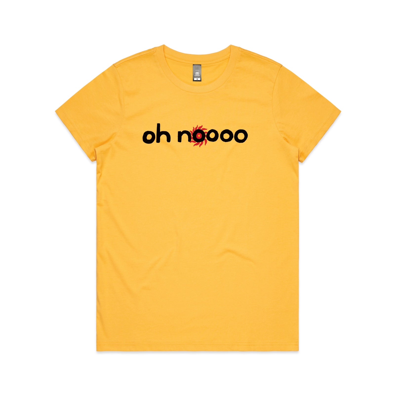 Yellow fitted womens t-shirt with Oh Noooo graphic by Lonely Kids Club