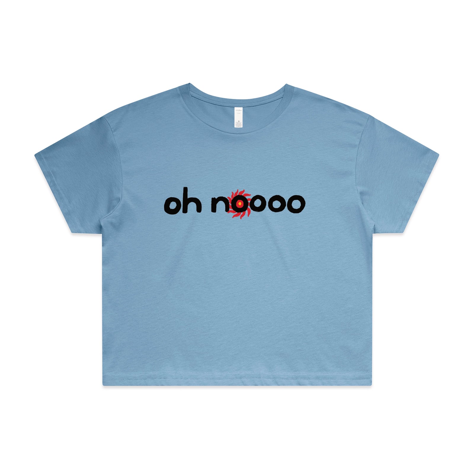 Carolina Blue crop top with Oh Noooo graphic by Lonely Kids Club