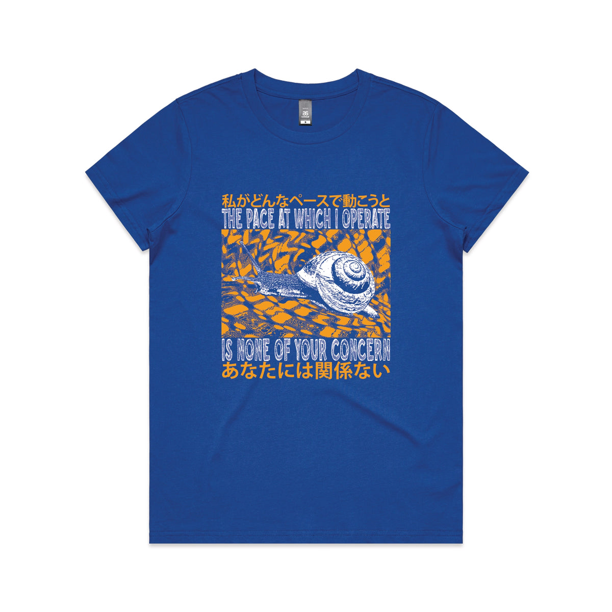 Royal Blue fitted womens t-shirt with The Pace graphic by Lonely Kids Club