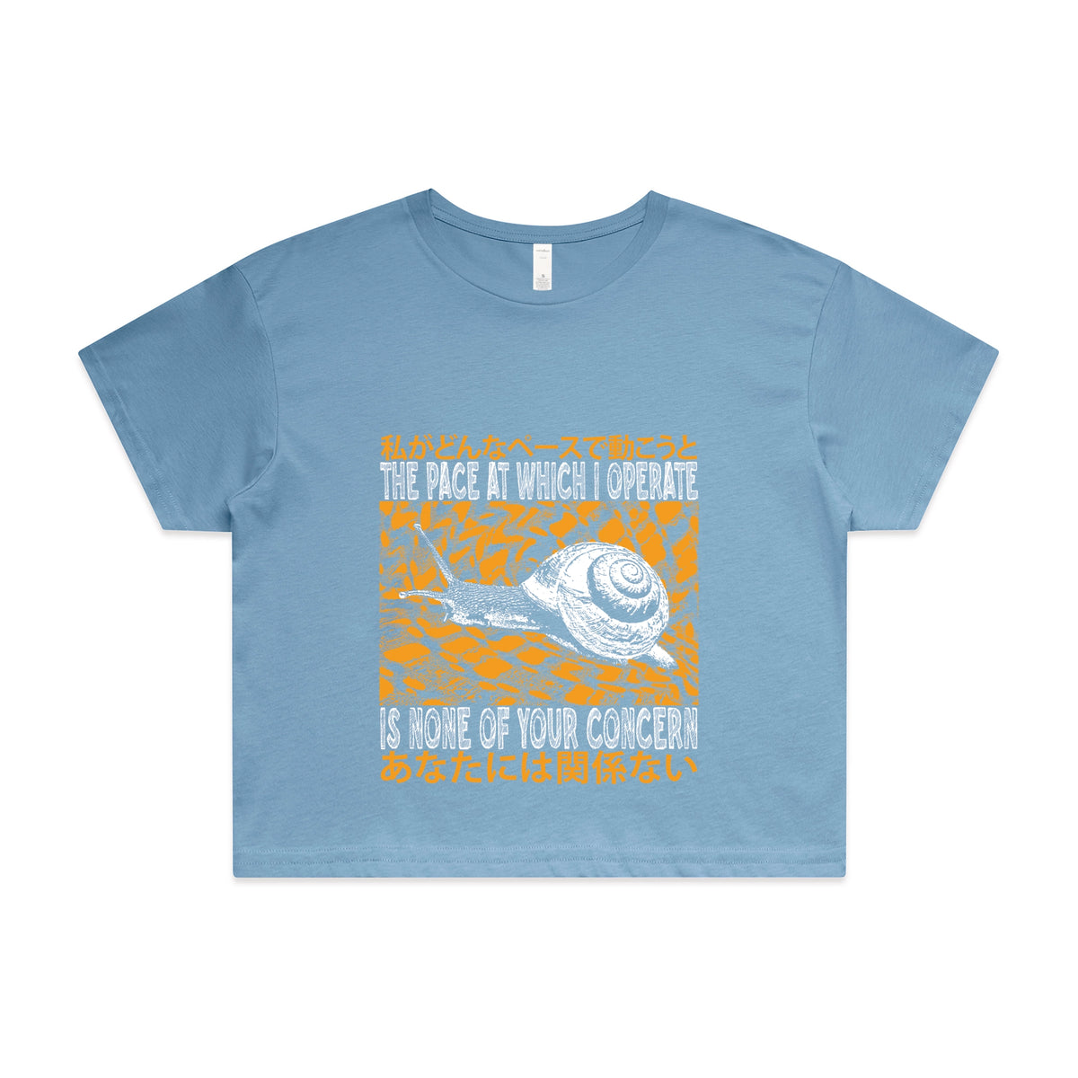 Carolina Blue crop top with The Pace graphic by Lonely Kids Club