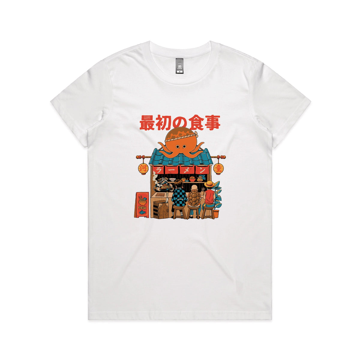 White fitted womens t-shirt with Pampling Ramen graphic by Lonely Kids Club
