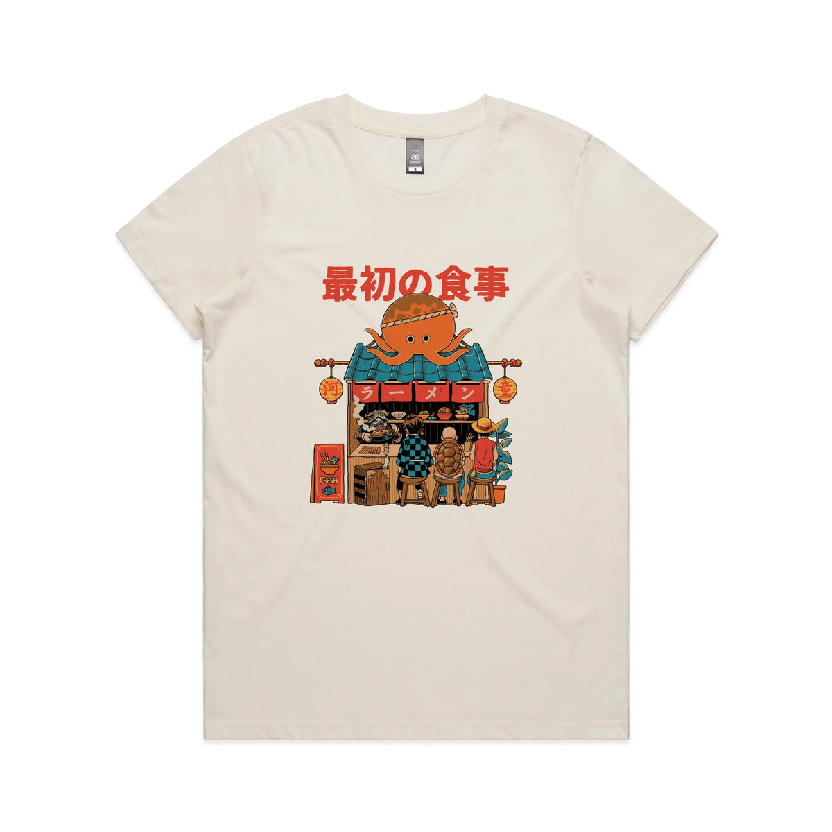 Ecru fitted womens t-shirt with Pampling Ramen graphic by Lonely Kids Club