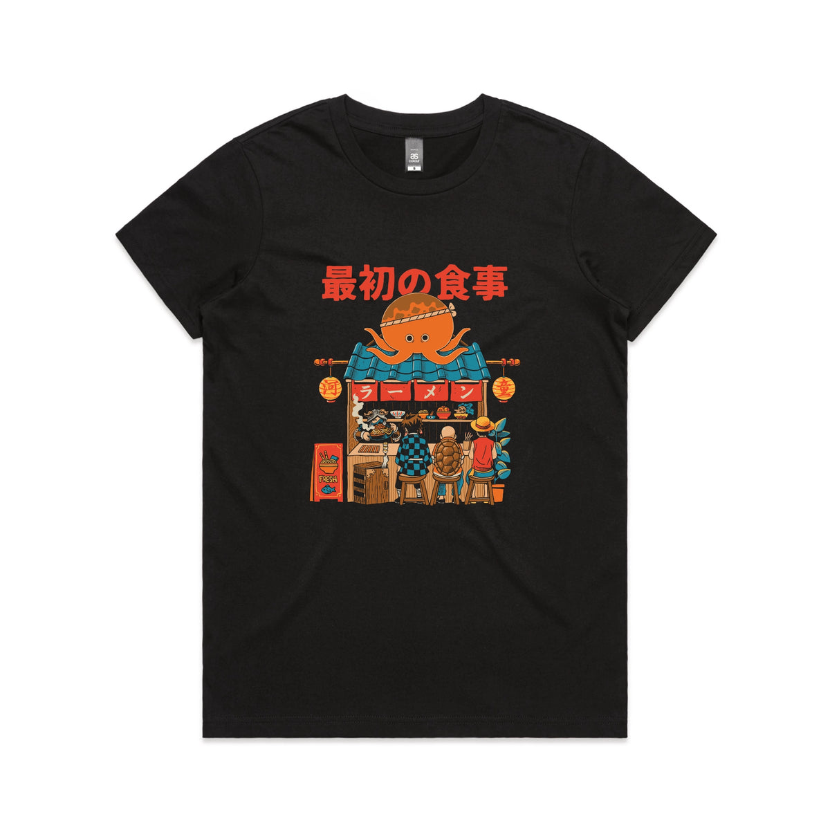 Black fitted womens t-shirt with Pampling Ramen graphic by Lonely Kids Club